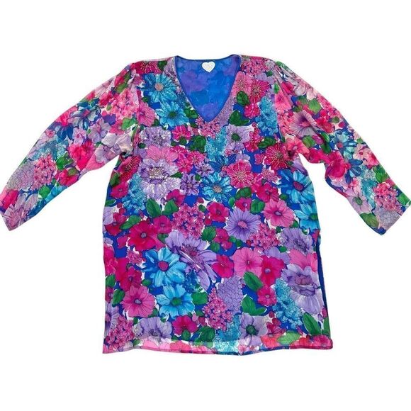Art To Wear Fairy Floral Colorful Women’s Tunic Top Large Beaded Sequin Bright - Picture 2 of 16